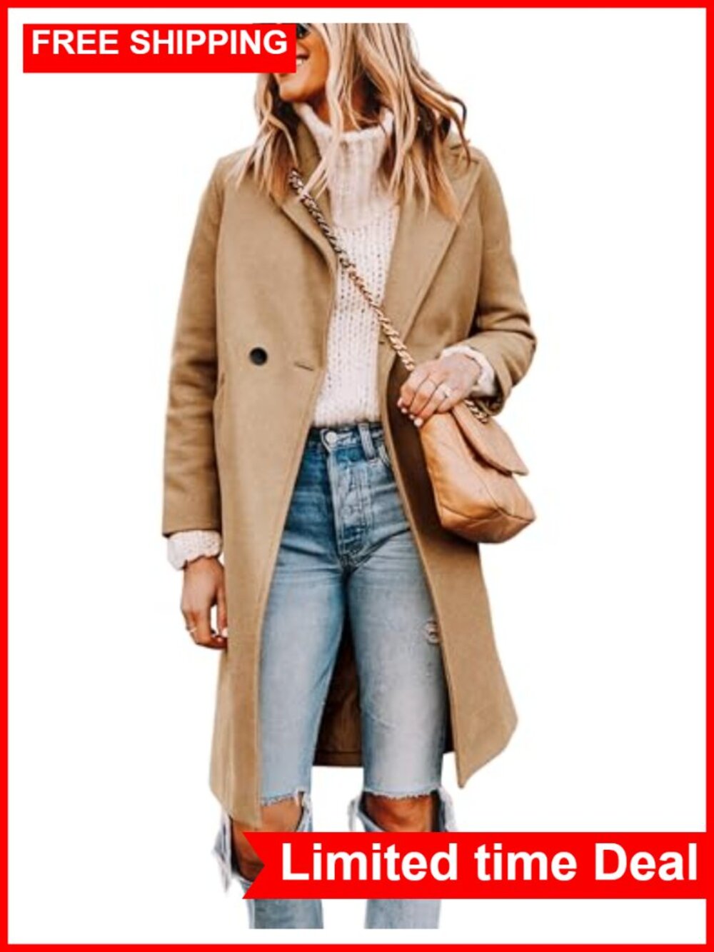 Wool Blend Pea Coat Long Trench Notched Lapel Button Pockets